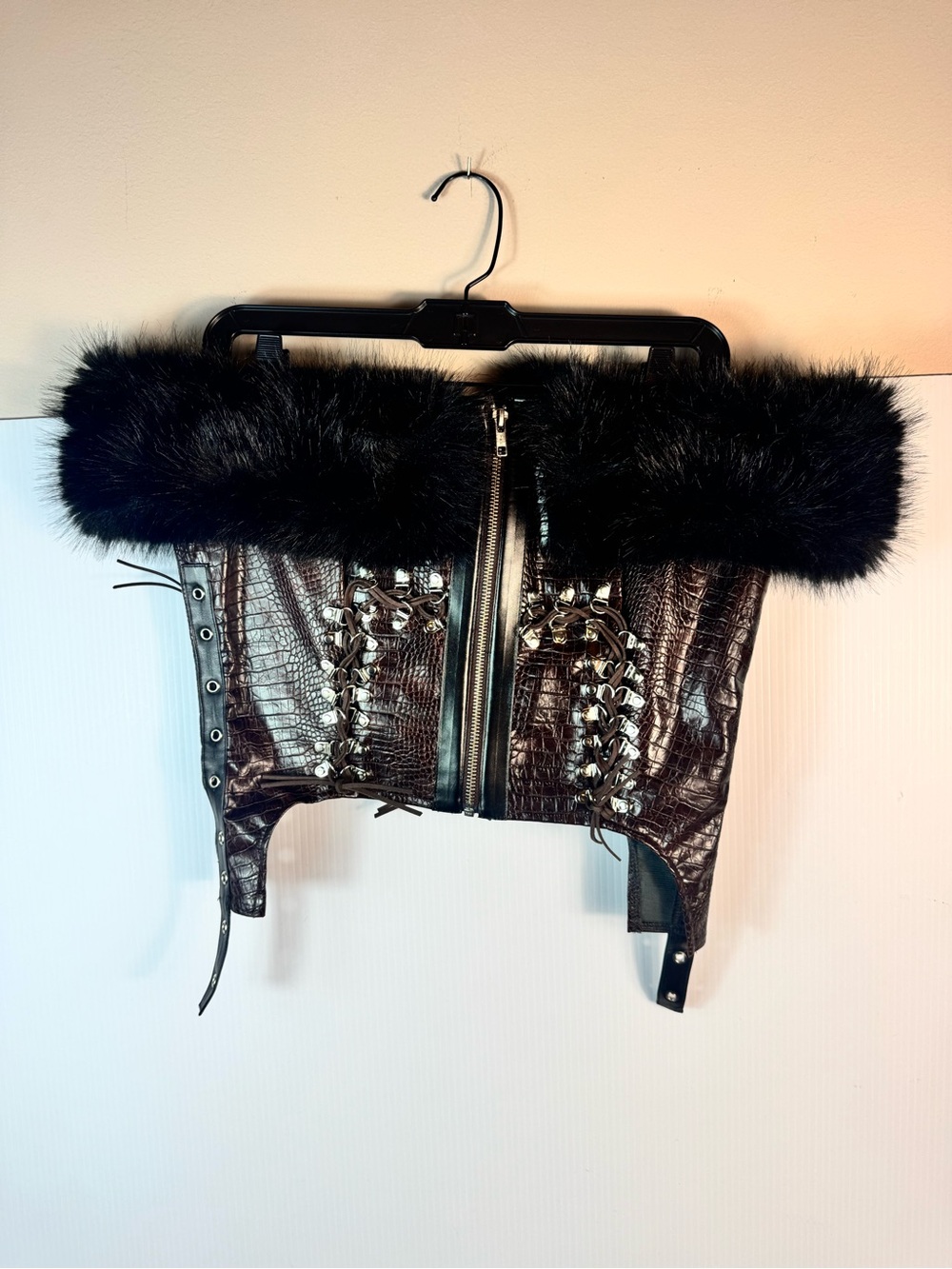 AKIRA Brown Faux Croc Fur Corset Top & Lace Up Maxi Skirt Set NWT - Picture 7 of 8